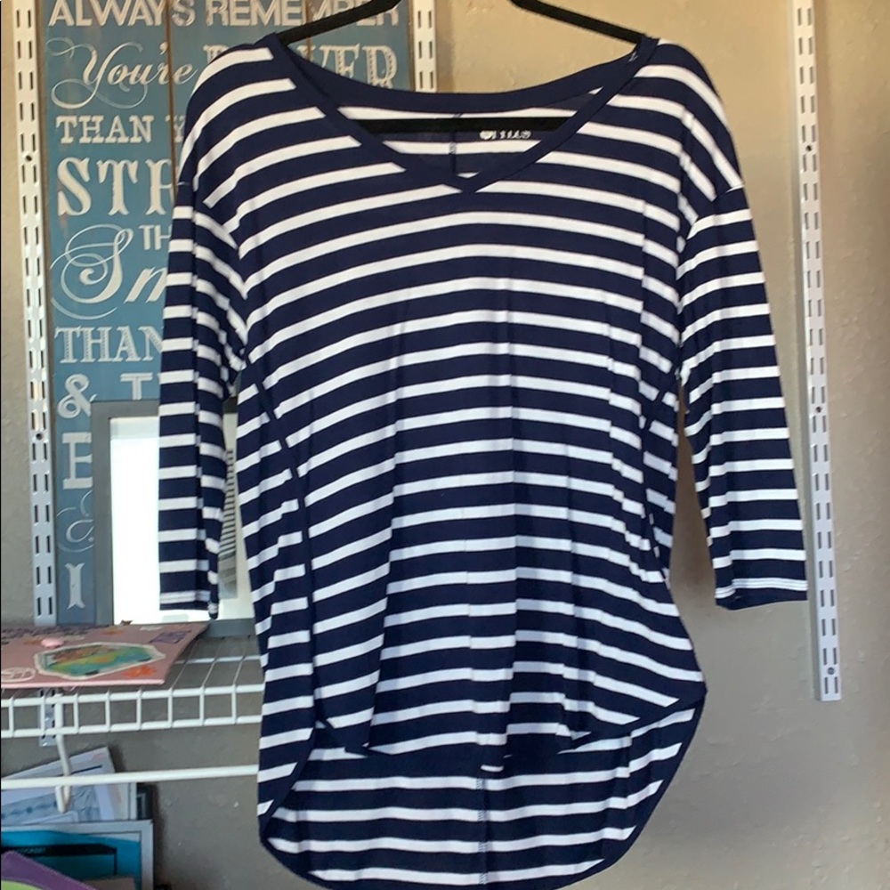 Quarter length navy blue striped dress shirt